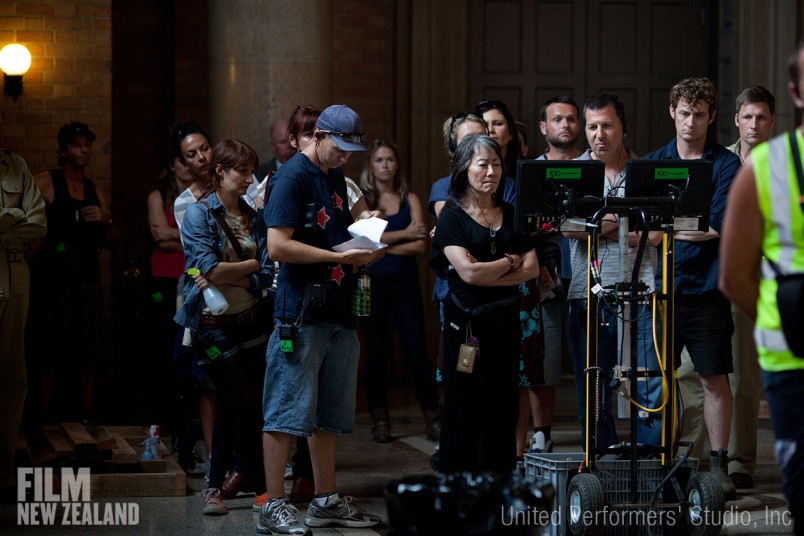 ​Yoko Narahashi and Gary Foster watching the monitor on location at Railway Campus